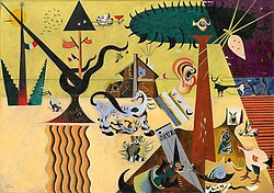 Joan Miró, The Tilled Field, (1923-1924), Solomon R. Guggenheim Museum. This early painting, a complex arrangement of objects and figures, was Miró's first Surrealist masterpiece.[26]