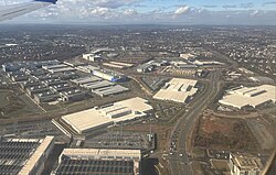 An aerial view of Loudoun County south of Ashburn. Several large data centers are visible in the foreground of this photograph.