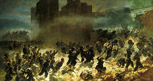 Italian troops breaching the Aurelian Walls at Porta Pia during the Capture of Rome. Breccia di Porta Pia (1880), by Carlo Ademollo. Afterwards, the Pope declared himself a "Prisoner in the Vatican".