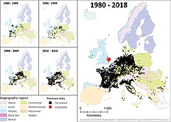 Nutria occurrence records from 1980 to 2018 in Europe.[33]