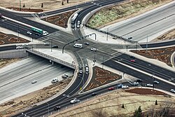 Single-point urban interchange along Interstate 84 in Meridian, Idaho, showing the single multi-phase traffic signal43°35′36.5″N 116°23′37.4″W﻿ / ﻿43.593472°N 116.393722°W