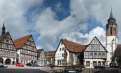 The market square of Dornstetten, Germany, showing an ensemble of half-timbered buildings