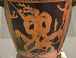 The death of Actaeon on red-figure skyphos from Paestum, 4th century BC (Karlsruhe, Badisches Landesmuseum).