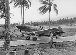 P-40E Kittyhawk piloted by Keith Truscott, commander of No. 76 Squadron, at Milne Bay, New Guinea, September 1942