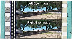 An "over-under" 3D frame. Both left and right eye images are contained within the normal height of a single 2D frame.
