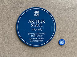 NSW Government circular blue and white plaque, commemorating Arthur Stace 1885—1967