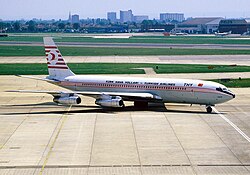 A Boeing 707 operated by Turkish Airlines at Heathrow Airport in 1984