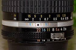 Nikon 28mm f/2.8 lens with markings for the depth of field. The lens is set at the hyperfocal distance for f/22. The orange mark corresponding to f/22 is at the infinity mark (∞). Focus is acceptable from under 0.7 m to infinity.