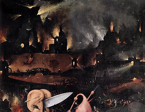 A scene from the hellscape panel showing the long beams of light emitted from the burning city in the panel's background[18]