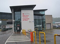 Bilingual signage on the Caledonian Macbrayne ferry terminal in Oban, the principal port serving the Hebrides