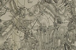 1805 map of the area. Stoneleigh is now around "Cold Harbour" and "Sparrow" farms (just left of centre).