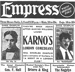 Advertisement from Chaplin's American tour with the Fred Karno comedy company, 1913