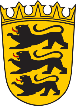 The coat of arms of Baden-Württemberg: Or, three lions passant sable, the arms of the Duchy of Swabia, in origin the arms of the House of Hohenstaufen. Also used for Swabia (and Württemberg-Baden, 1945–1952) are the three antlers of the coat of arms of Württemberg.
