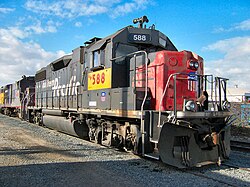 A former Southern Pacific GP38-2 locomotive renumbered with UP "patch" markings