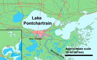 New Orleans; Louisiana sits between (and below) the Mississippi River and Lake Pontchartrain.