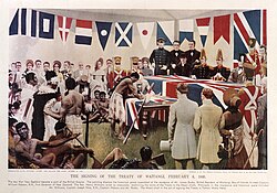 Depiction of the signing of the Treaty of Waitangi in 1840, bringing New Zealand and the Māori into the British Empire