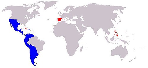 An imagined grouping of countries (in blue) that gained independence during the reign of Ferdinand VII, formerly part of the Spanish Empire.