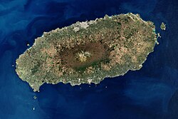 Satellite image showing Hallasan at the center of Jeju Island (2000)