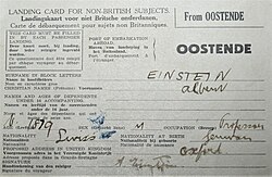Landing card for Einstein's 26 May 1933 arrival in Dover, England from Ostend, Belgium,[132] enroute to Oxford[133]