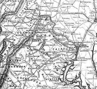 Map depicting Mosby's Confederacy and nearby areas printed in 1867, showing contemporary place names.[4]