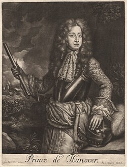 George in 1680, aged 20, when he was Prince of Hanover. After a painting by Godfrey Kneller.