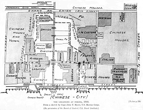 Locations of foreign diplomatic legations and front lines in Beijing during the siege