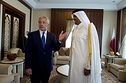 Sheikh Tamim with U.S. Secretary of Defense Chuck Hagel, 10 December 2013