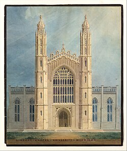 Alexander J. Davis's original designs for the university featured the Gothic Revival style. He is generally credited with coining the term "Collegiate Gothic"