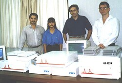 CRNet routing equipment at UCR: Abel Brenes, Ana L. Chavarría, de Téramond and Mario Guerra (April 1993).
