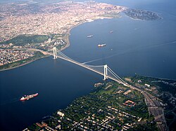 An aerial view of the Narrows and the Verrazzano–Narrows Bridge