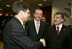 Erdoğan with President in office of the EU Council and Dutch Prime Minister Balkenende and Turkish FM Gül in Brussels, Belgium (2004)