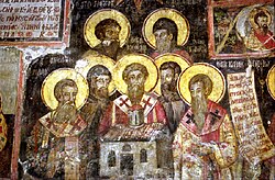 Medieval icon by Kostandin and Athanas Zografi in the Monastery of Ardenica. It illustrates the seven saints Clement, Naum, Sava, Angelar, Gorazd, Cyril, Method and the Albanian Jan Kukuzeli.