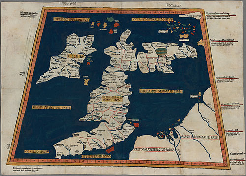 Prima Europe tabula. A 1486 woodcut copy of Ptolemy's 2nd-century map of Roman Britain