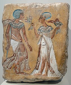 This limestone relief of a royal couple in the Amarna style has variously been attributed as Akhenaten and Nefertiti, Smenkhkare and Meritaten, or Tutankhamun and Ankhesenamun.