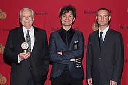 Robert Osborne, Mark Cousins and Charles Tabesh in 2014, with the Peabody Award that Turner Classic Movies received for its presentation of The Story of Film: An Odyssey