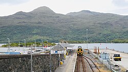 The terminus at Kyle of Lochalsh station, with the Isle of Skye in the background