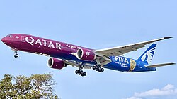 A Qatar Airways Boeing 777-300ER in 2026 FIFA World Cup special livery