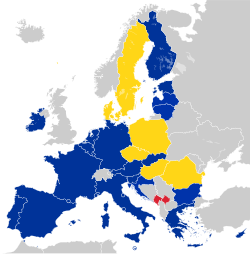 Slovakia is part of the Schengen Area, the EU single market, and since 2009, the eurozone (dark blue).