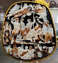 The Great Cameo of France, a cameo five layers sardonyx, Rome, c. AD 23, depicting the emperor Tiberius seated with his mother Livia and in front of his designated heir Germanicus, with the latter's wife Agrippina the Elder; above them float the deceased members of their house: Augustus, Drusus Julius Caesar, and Nero Claudius Drusus
