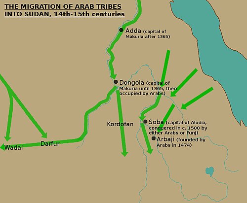 Map showing the late medieval migration of Arabs into Sudan