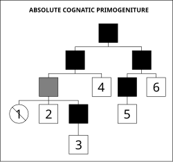 Absolute cognatic primogeniture diagram. Legend: Grey: incumbentSquare: maleCircle: femaleBlack: deceasedDiagonal: cannot be displaced