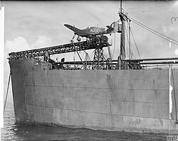 Sea Hurricane Mk IA on the catapult of a CAM ship