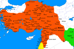 Map of the Hittite Empire at its greatest extent under Suppiluliuma I (c.1350–1322) and Mursili II (c.1321–1295).