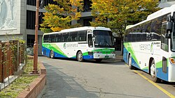 Shuttle buses outside the Student Center