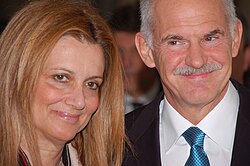 Papandreou and his then-wife attend the Quadriga Award 2010 ceremony on 3 October 2010 in Berlin.