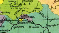 The Free Imperial City (yellow) and the Prince-Bishopric (purple) in the 18th century