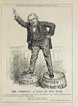 A cartoon from Punch depicting Lloyd George, with the caption "The Colossus: A Tale of Two Tubs"