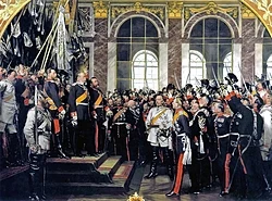 Die Proklamation des Deutschen Kaiserreiches by Anton von Werner (1877), depicting the proclamation of Emperor William I (18 January 1871, Palace of Versailles). From left, on the podium (in black): Crown Prince Frederick (later Frederick III), his father the emperor, and Frederick I of Baden, proposing a toast to the new emperor. At center (in white): Otto von Bismarck, first Chancellor of Germany, Helmuth von Moltke the Elder, Prussian Chief of Staff.