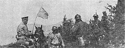 Bulgarian major Ivanov with white flag surrendering to Serbian 7th Danube regiment near Kumanovo