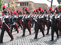 Carabinieri in full uniform at the military parade of the Festa della Repubblica of 2 June 2006. On their hat, under the coat of arms, is the cockade of Italy.